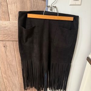 Black Suede Fringe Skirt with Front Pockets
